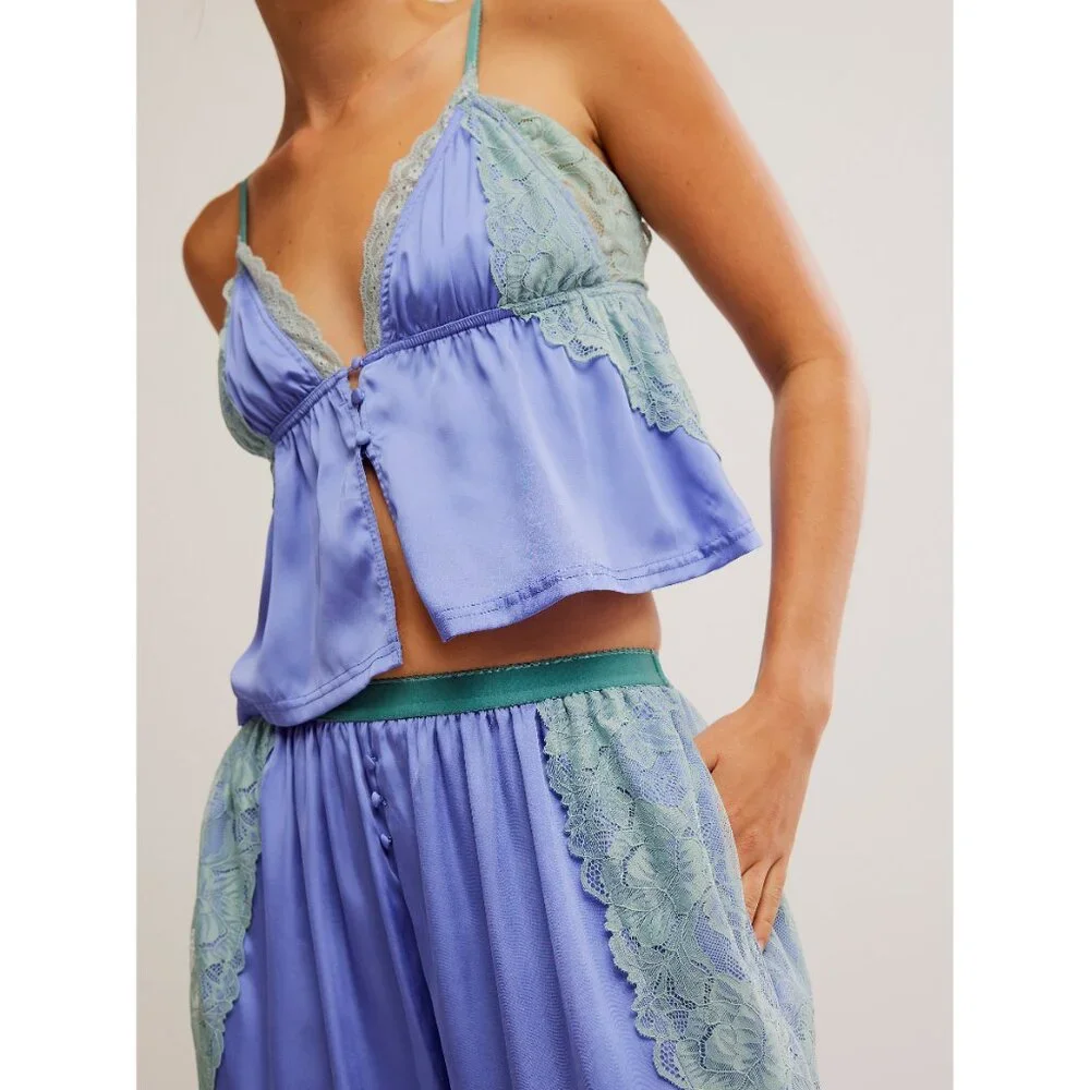 NWOT Free People Lavender Satin Lace-Trim Pajama Set with Mint Accents - Picture 4 of 10